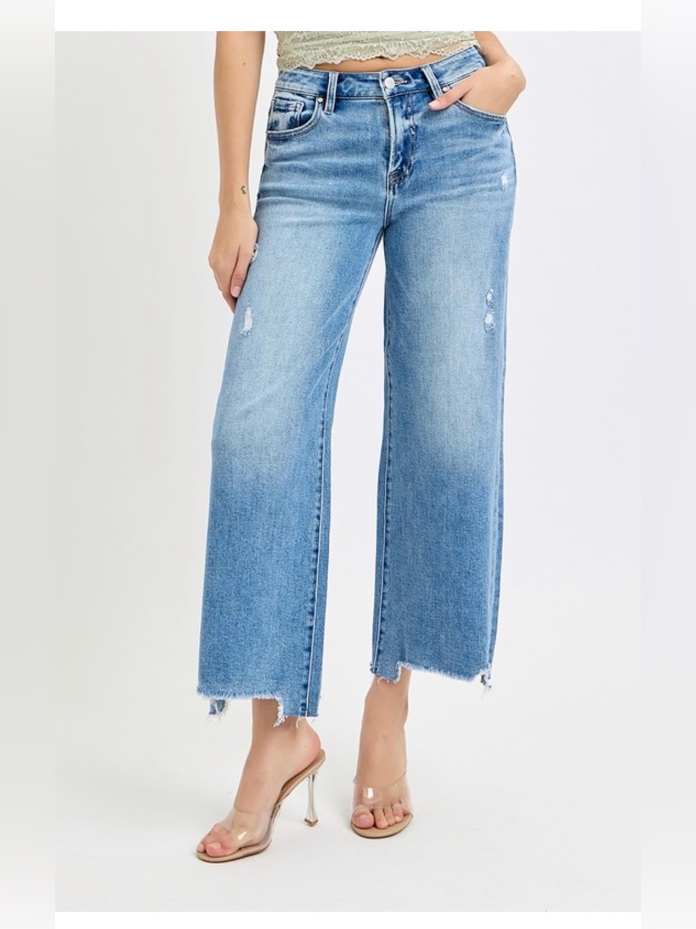 Risen High Rise Crop Wide Jeans Medium Wash NWT - Picture 4 of 7
